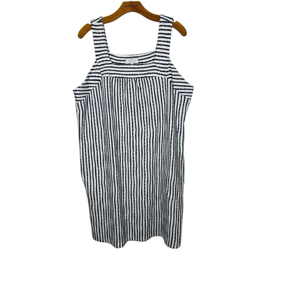 Lucky Brand Tank Dress Sz XL Black White Stripe Textured Square Neck Beachy Boho
